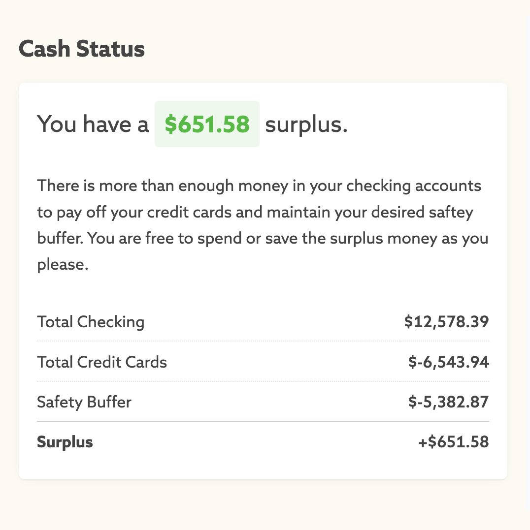 A screenshot of the cash status card.