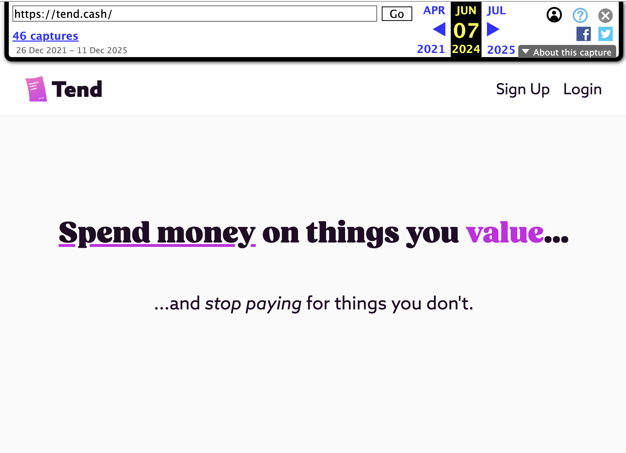 Early version of the Tend Cash homepage
